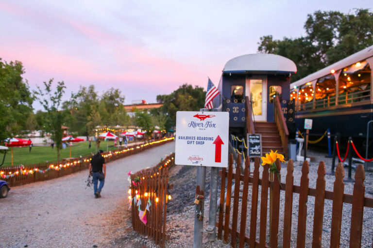River Fox Train Elkhorn Station entrance sign at sunset