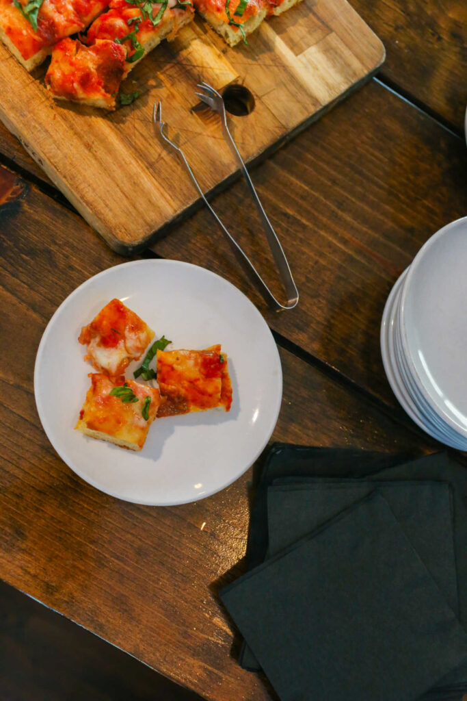 Bite-sized Margherita pizza appetizers served during a private event at Hook & Ladder Manufacturing Company.