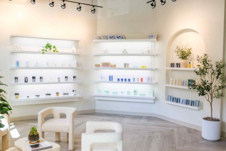 Boutique skincare retail area inside Face Foundrié El Dorado Hills with modern seating and professional skincare displays.